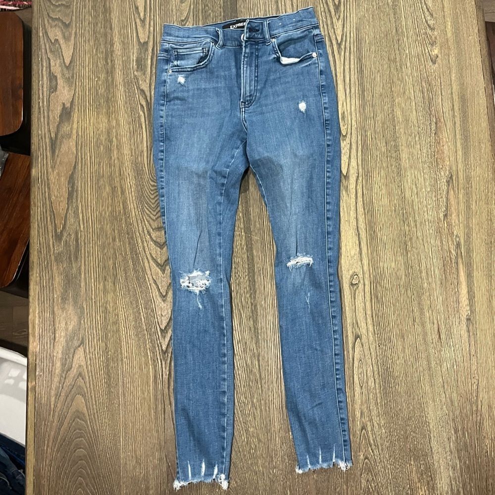 Express Jeans Ankle Legging High Rise Hyper Stretch Distressed Blue Size 4L